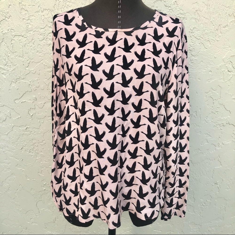 H&M blouse bird print rose pink & black size 8 women’s top long sleeve